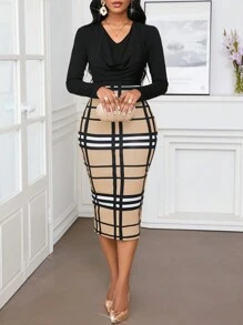 SHEIN Lady 办公室连衣裙围脖领长袖格子黑色和卡其色女士连衣裙春夏休闲优雅工作