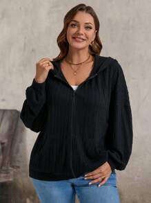 SHEIN LUNE Plus Size Winter Clothes Textured Fabric & Comfortable Hooded Pocket Coat - Black - View 5