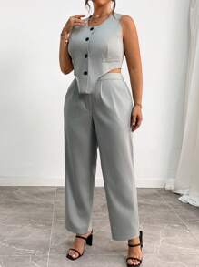 Franclia Plus Size Women's Summer Solid Color Asymmetric Hem Vest And Pants Office Suit Set