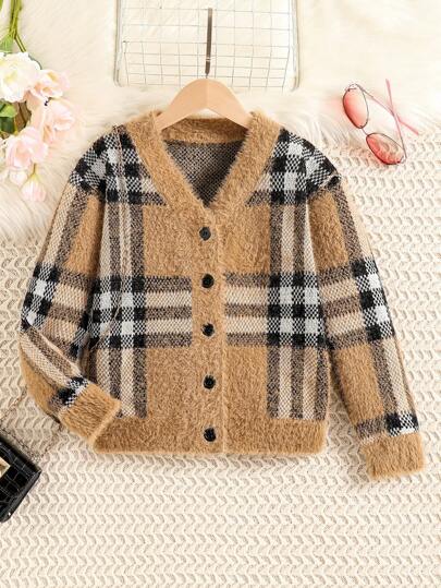 SHEIN Tween Girl Retro Plaid Cardigan For Spring And Autumn
