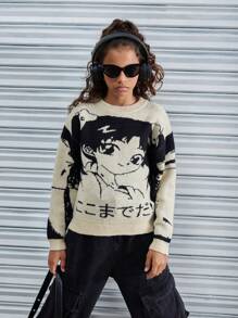 Girls Anime Style Crew Neck Loose Fit Knit Sweater, Autumn