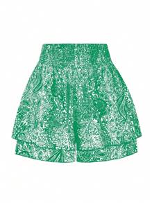 SHEIN LUNE Plus Size All-Over Print Casual Shorts - Green - View 1