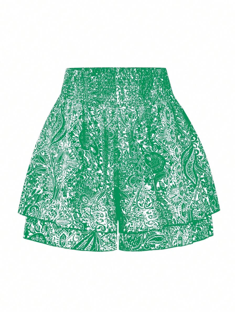 SHEIN LUNE Plus Size All-Over Print Casual Shorts - Green - View 1