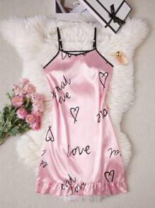 Robe camisole à volants avec imprimé floral satinée bicolore sexy et douce pour femme - Rose bonbon - Voir 2