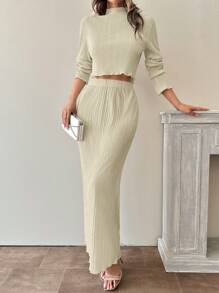 EURMUSE Langarm Set bestehend aus detaillierter plissierter modischer Bluse und Rock - Beige - Übersicht 1