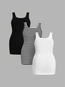 SHEIN Essnce 3 Pcs/Set Plus Size Summer Casual Business Casual Versatile Minimalist Tank Top Lounge Office Black White Black And White - Multicolor - View 2