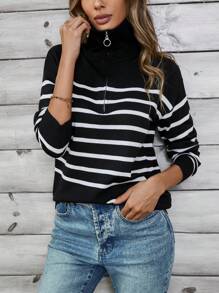 EMERY ROSE Women's Striped Colorblock Open Front Long Sleeve Sweater - Black and White - View 1