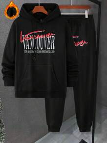 Manfinity Homme Hooded Sweatshirt And Pants Set, Men 2 Pieces Sweatsuit, Men Hoodie And Jogger Set, Men Black 2 Pieces Outfit, Men Matching Set, Fall Clothes - Black - View 7