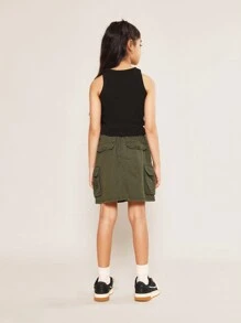 SUMWON Tween Girls Denim Rib Tank Top And Cargo Skirt 2 Piece Set - Army Green - View 2