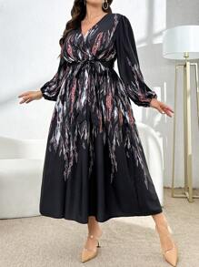 Modelyn Plus Size Long Sleeve Allover Print Tie Front Dress, Casual Resort, Elegant Party Evening A Line Dresses Maxi Women Outfit Long Evening Dresses - Multicolor - View 6