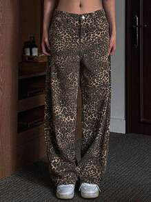 DAZY Women's Leopard Print Loose Wide Leg Autumn Jeans,Ladies Casual Pocket,Zipper Natural Wide Leg Long Brown Baggy Loose Women Jeans,Spring/Fall,Casual Daily Wear - Brown - View 6