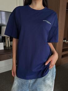 DAZY 女士夏季口号印花圆领落肩宽松休闲T恤超大码T恤 - 藏蓝色 - 查看 8