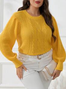 CosyJoli Suéter de punto de jacquard amarillo de manga farol, de cuello redondo y manga larga, elegante estilo universitario, para invierno. Suéter de invierno para adolescentes