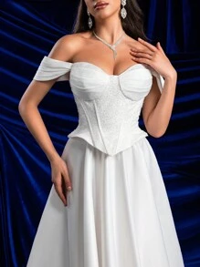 SHEIN Belle Elegant Glamorous Off-Shoulder 2 In 1 Set With Sequin Lace Bust Cup, Fish Bone Boning, A-Line Dress & High Slit, Sheer Lace Design, Suitable For Weddings, Parties, Galas & Informal Ceremonies, White Bridal Dress