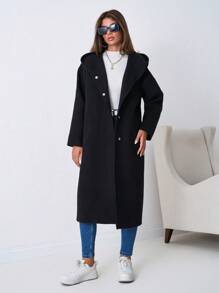 SHEIN Tall Drop Shoulder Hooded Overcoat - Black - View 5