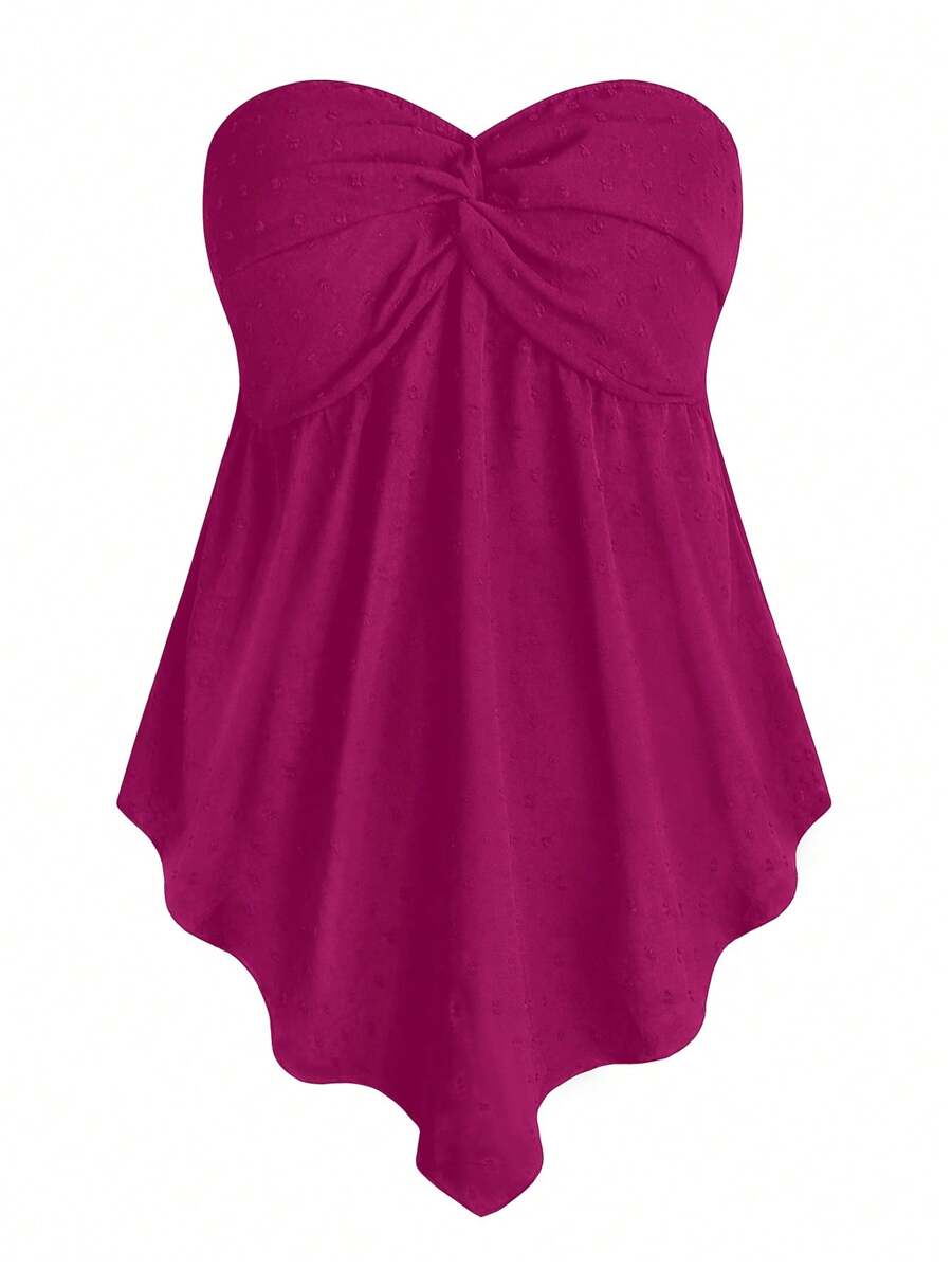 SHEIN Clasi 大码女式纯色褶皱抹胸休闲上衣 - 玫紅色 - 查看 1