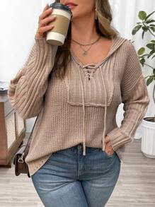 Calvaya Maglione casual a maniche lunghe con cappuccio e coulisse, in maglia, taglia comoda, per autunno e inverno - Cachi - Visualizzare 3