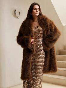 Anewsta Long Jacket With Shawl Collar - Coffee Brown - View 6