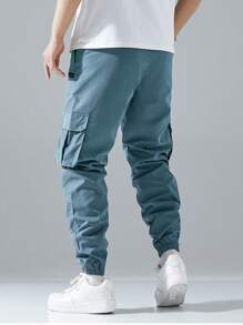 Manfinity EZcore Loose Fit Men's Flap Pocket Side Drawstring Waist Cargo Pants, Fall - Baby Blue - View 2