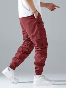 Manfinity Hypemode Loose Men Flap Pocket Side Drawstring Waist Cargo Pants - Burgundy - View 4