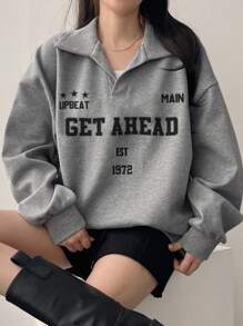 DAZY 女士长袖字母印花休闲宽松运动衫、长袖上衣、秋季女装 - 灰色 - 查看 1