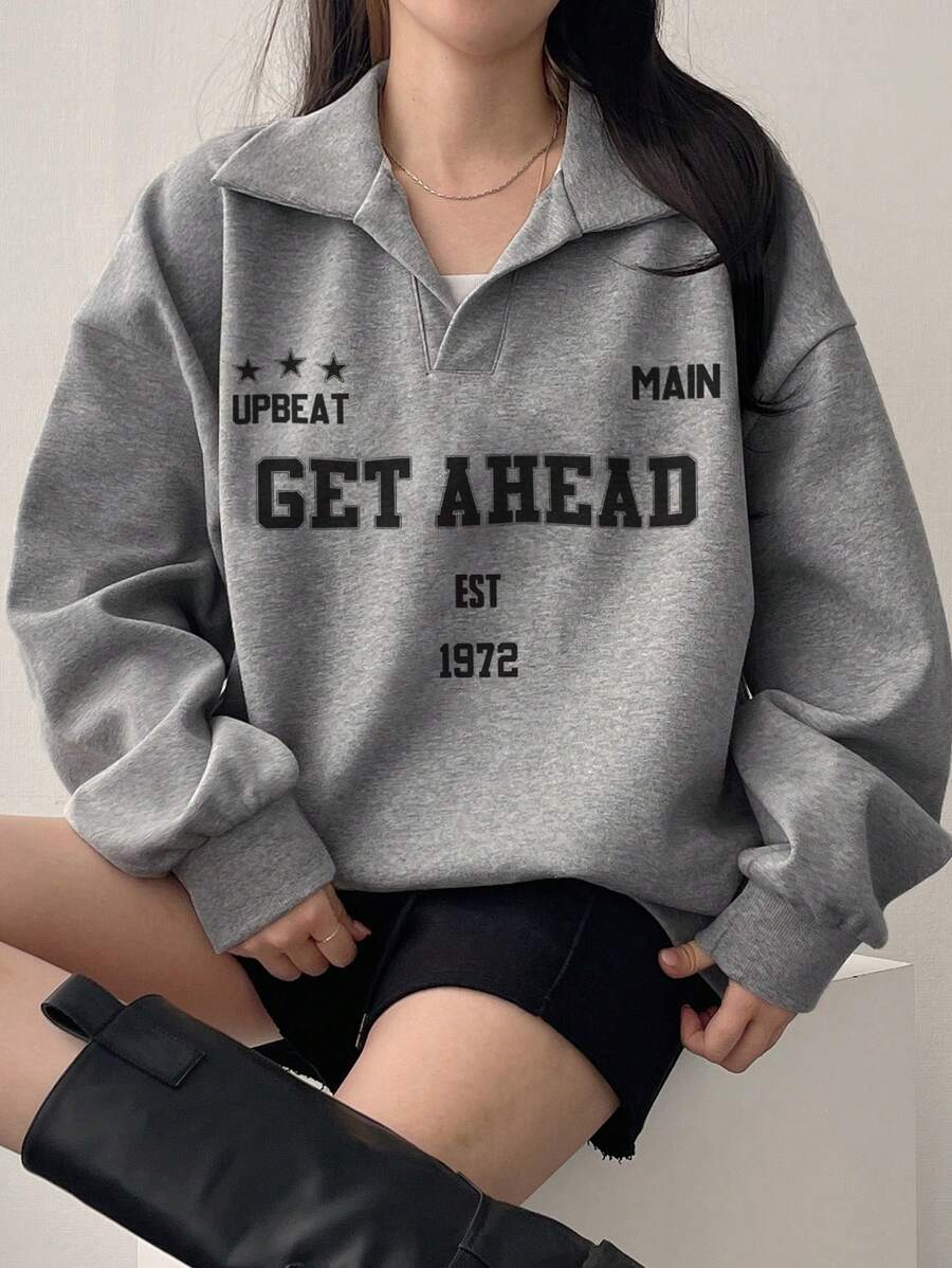 DAZY 女士长袖字母印花休闲宽松运动衫、长袖上衣、秋季女装 - 灰色 - 查看 1