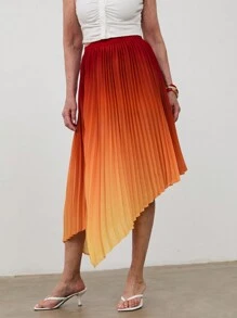 SHEIN LUNE Women's Pleated Asymmetric Hem Ombre Design Fashionable Skirt