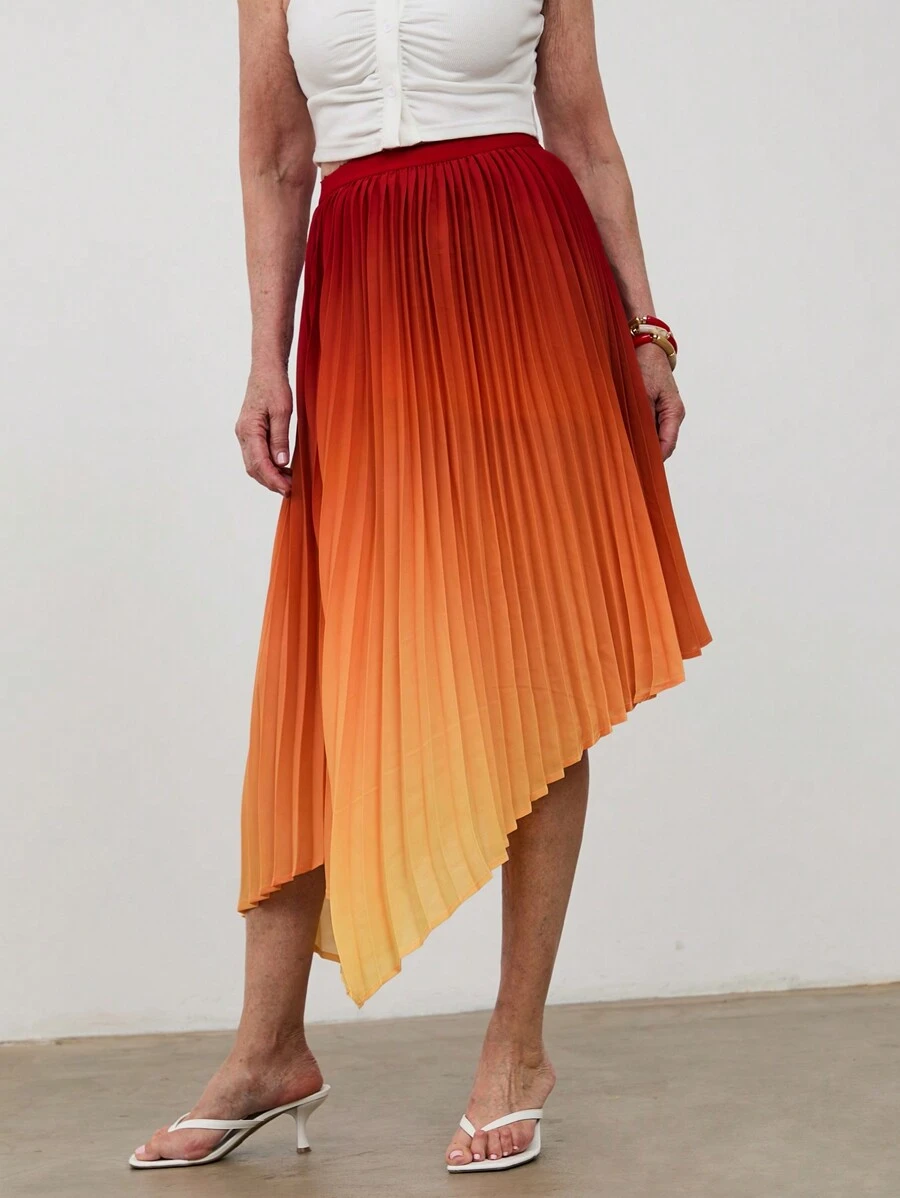 SHEIN LUNE Women's Pleated Asymmetric Hem Ombre Design Fashionable Skirt