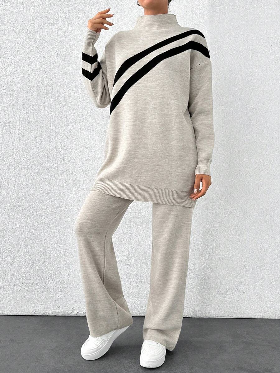 EURMUSE Striped Pattern Mock Neck Sweater & Knit Pants - Grey - View 1