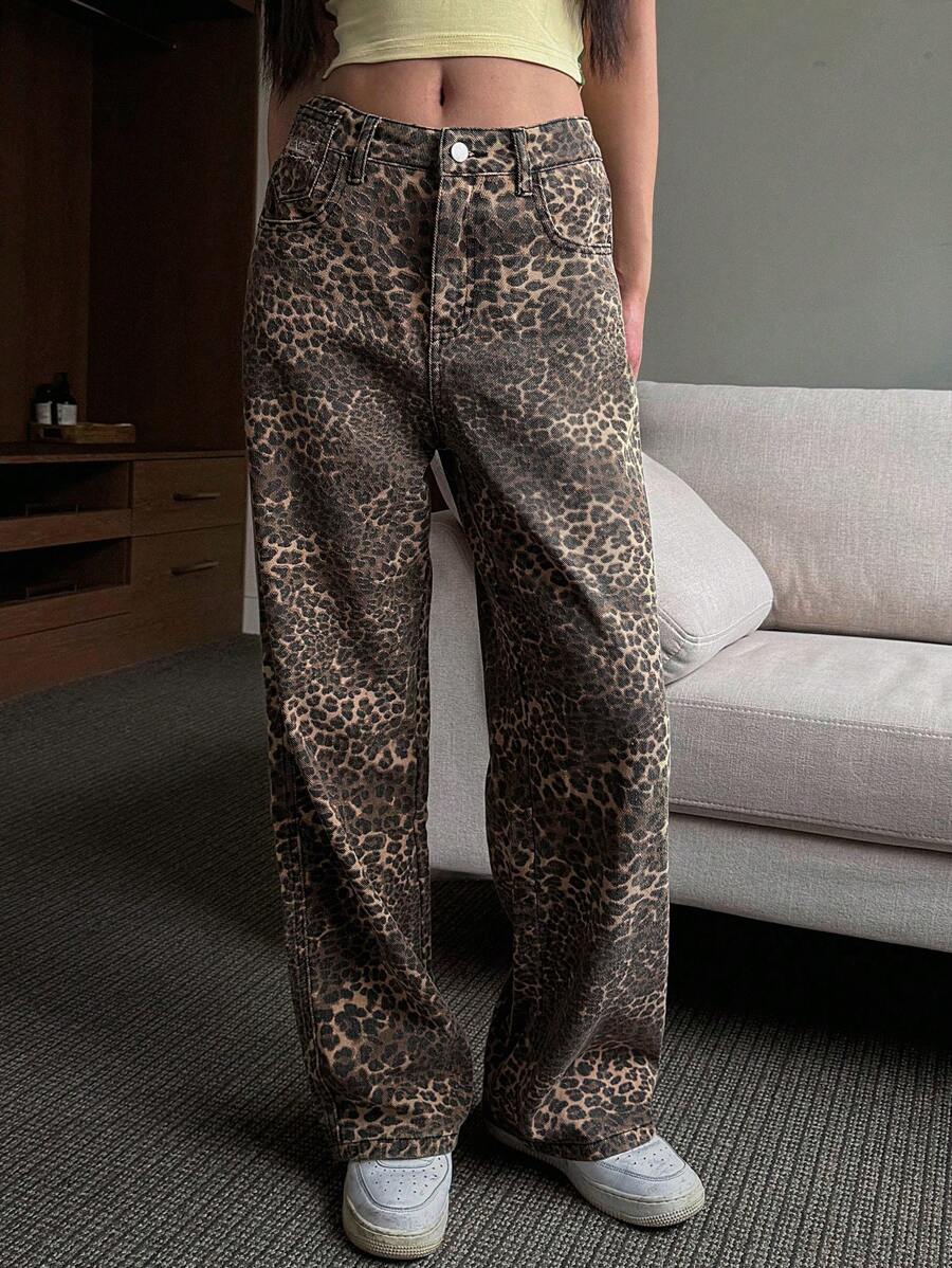 DAZY Women's Leopard Print Loose Wide Leg Autumn Jeans,Ladies Casual Pocket,Zipper Natural Wide Leg Long Brown Baggy Loose Women Jeans,Spring/Fall,Casual Daily Wear - Brown - View 1
