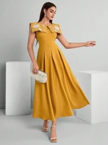 Modelyn 女性復古花紋夏季腰部收束連衣裙 - 黃色 - 查看 3