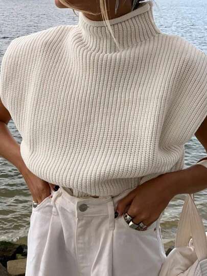 INAWLY Women's Casual Solid Color Stand Collar Loose Knitted Sweater, Spring/Autumn,Sleeveless Tops  Fall Winter Outfit