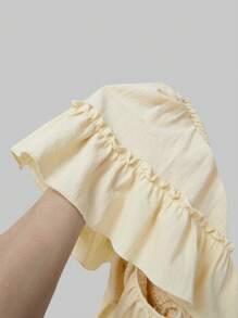 ROMWE Hippie 女款嬉皮刺繡收縮褶皺細肩帶背心，帶荷葉邊的腰部設計 - 杏色 - 查看 6