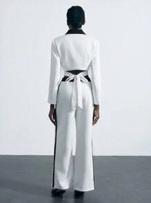 Maija Women's Turndown Collar Contrast Color Long Sleeve Top And Straight Leg Casual Pants Suit - Black and White - View 3