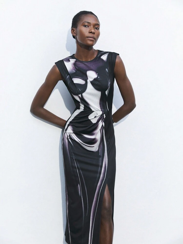 SHEIN Maija Women's Abstract Oil Painting Round Neck Sleeveless Simple Casual Dress