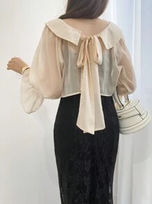 FRIFUL 2pcs Women's Plain Peter Pan Collar Sheer Long Sleeve Top & Lace Trim Slip Dress Set,Ruffle - Black - View 5