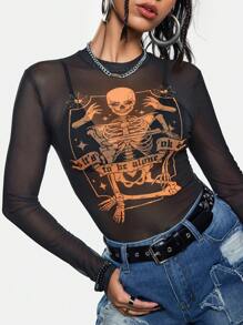 Eljasssss Blusa casual de mujer artista con cuello redondo, estampado de calavera en malla, en negro, estilo Y2K, urbano, oscuro, para Halloween, salidas, festivales, estilo occidental