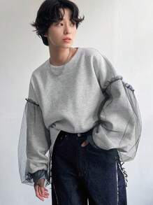 FRIFUL Women Mesh Panel Long Sleeve Thermal Lined Sweatshirt,Thermal Lined Fall,Winter - Grey - View 9