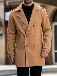 Manfinity Homme Áo khoác nam cổ ve trơn màu cài hai hàng khuy thường ngày, mùa thu/đông - Màu Khaki - Xem 3