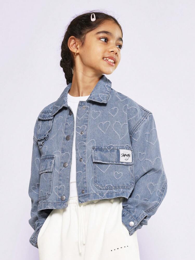 Heart Print Cropped Distressed Denim Trucker Jacket