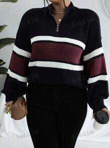Vionelle Plus Size Color Block Striped Lantern Sleeve Sweater, Autumn/Winter Knit Pullover Fall - Black - View 4