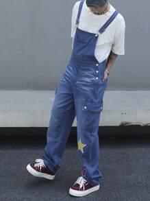 Manfinity Roughcore 男式夏季休闲无袖趣味星星图案牛仔背带裤，带口袋，适合聚会、朋友聚会 - 藍色 - 查看 5