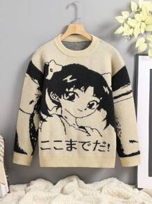 Girls Anime Style Crew Neck Loose Fit Knit Sweater, Autumn
