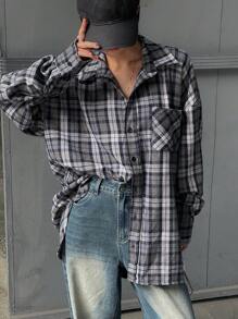 DAZY 女式宽松格子印花落肩长袖休闲衬衫，春秋装，返校服，法兰绒女装 - 藍色 - 查看 6