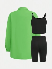 Tween Girl 轻盈宽松休闲梭织衬衫 & 针织吊带背心 & 针织修身短裤套装，春夏 - 綠色 - 查看 2