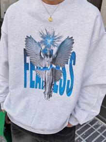 DAZY 男士天使字母印花宽松圆领长袖休闲套头运动衫，秋季 - 淺灰色 - 查看 4