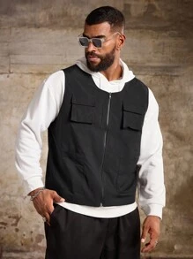 Manfinity Roughcore Plus Size Men's Plain Summer Utility Pockets Zippered Front Casual Outdoor Windbreaker Vest , Black - Black - View 6