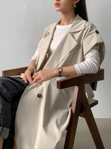 FRIFUL 女士纯色双排扣长款休闲风衣女夹克，秋季女装背心 - 米色 - 查看 3