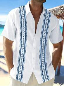 Manfinity RSRT 男士度假休闲几何印花短袖衬衫 - 白色 - 查看 1