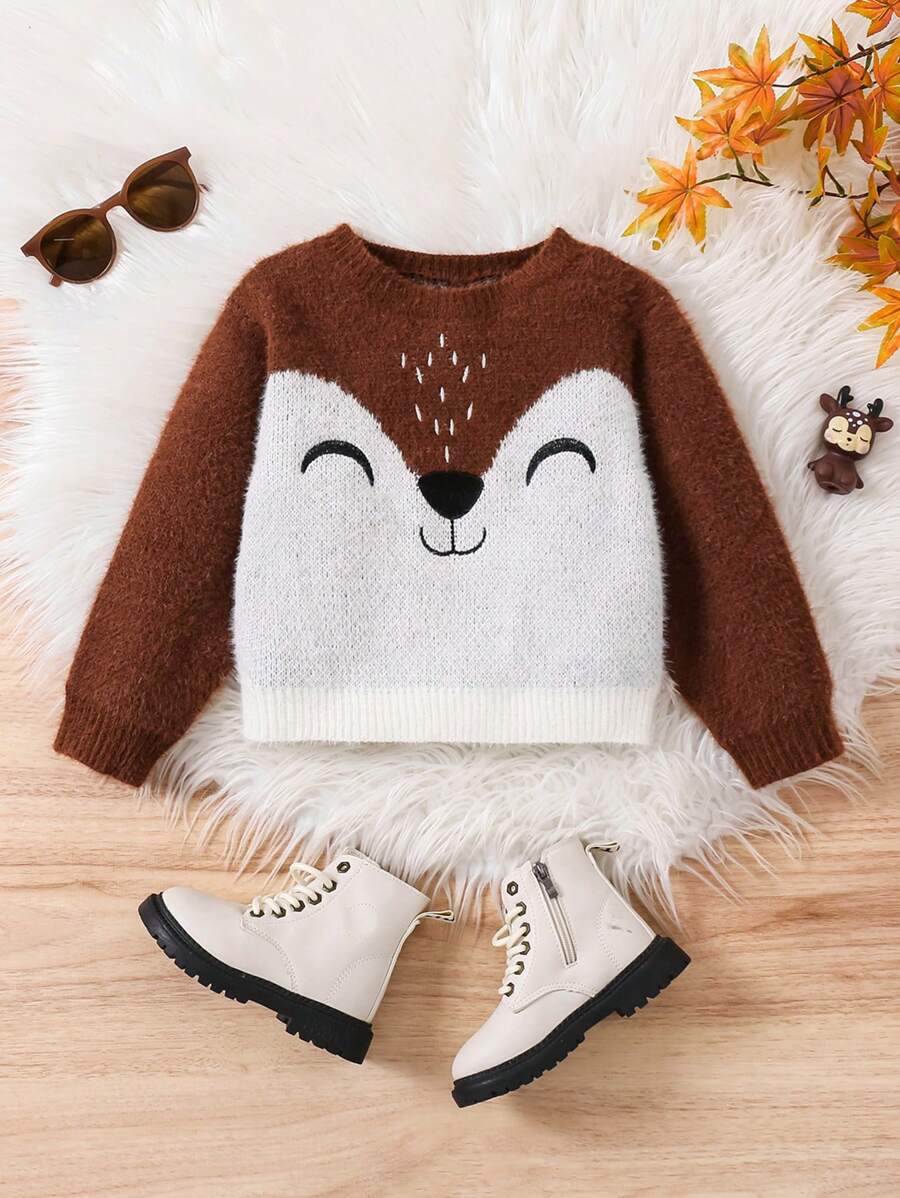 Cute Fox Pattern Crew Neck Sweater For Young Girls - Coffee Brown - View 1